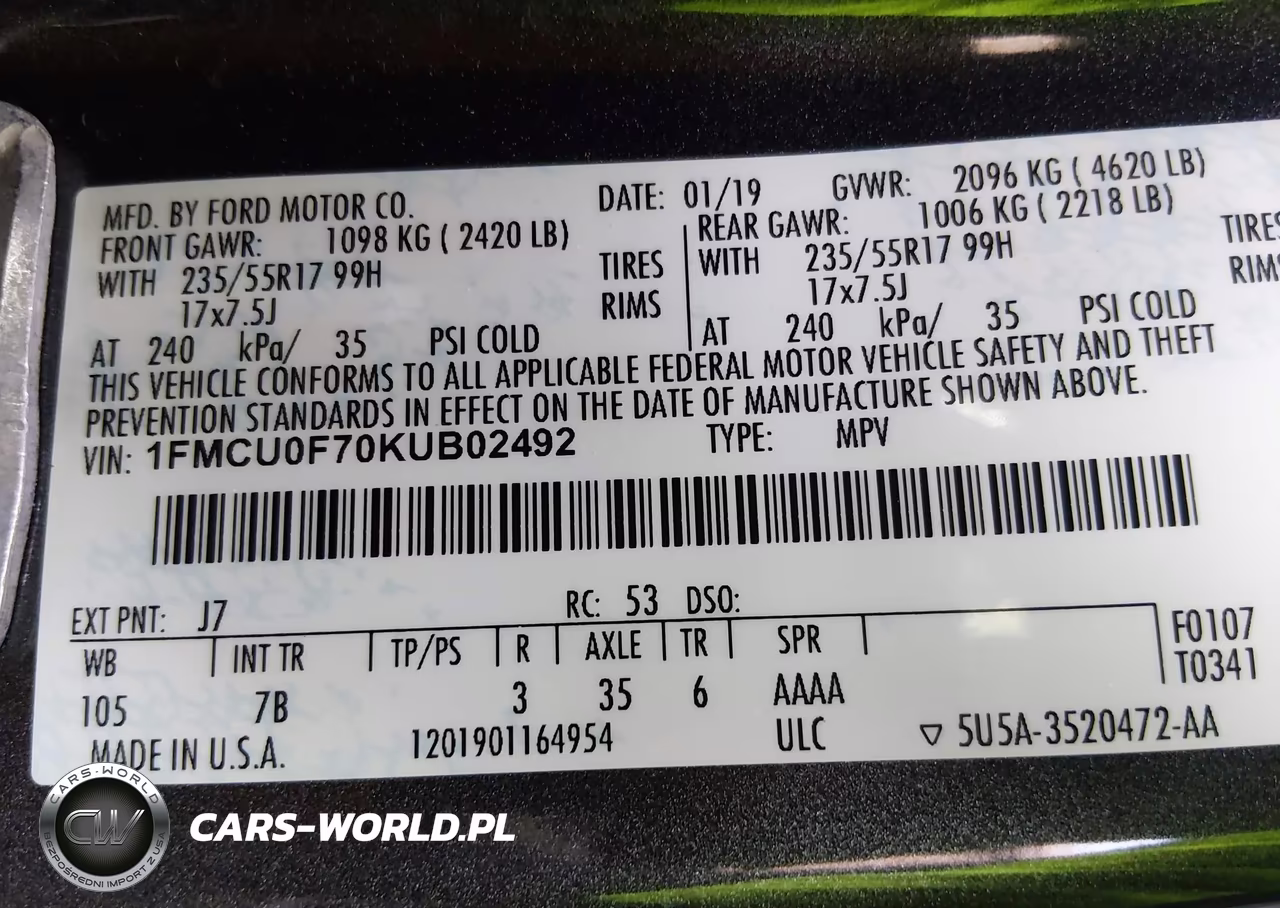 2019 Ford Escape S VIN:1FMCU0F70KUB02492 - 9