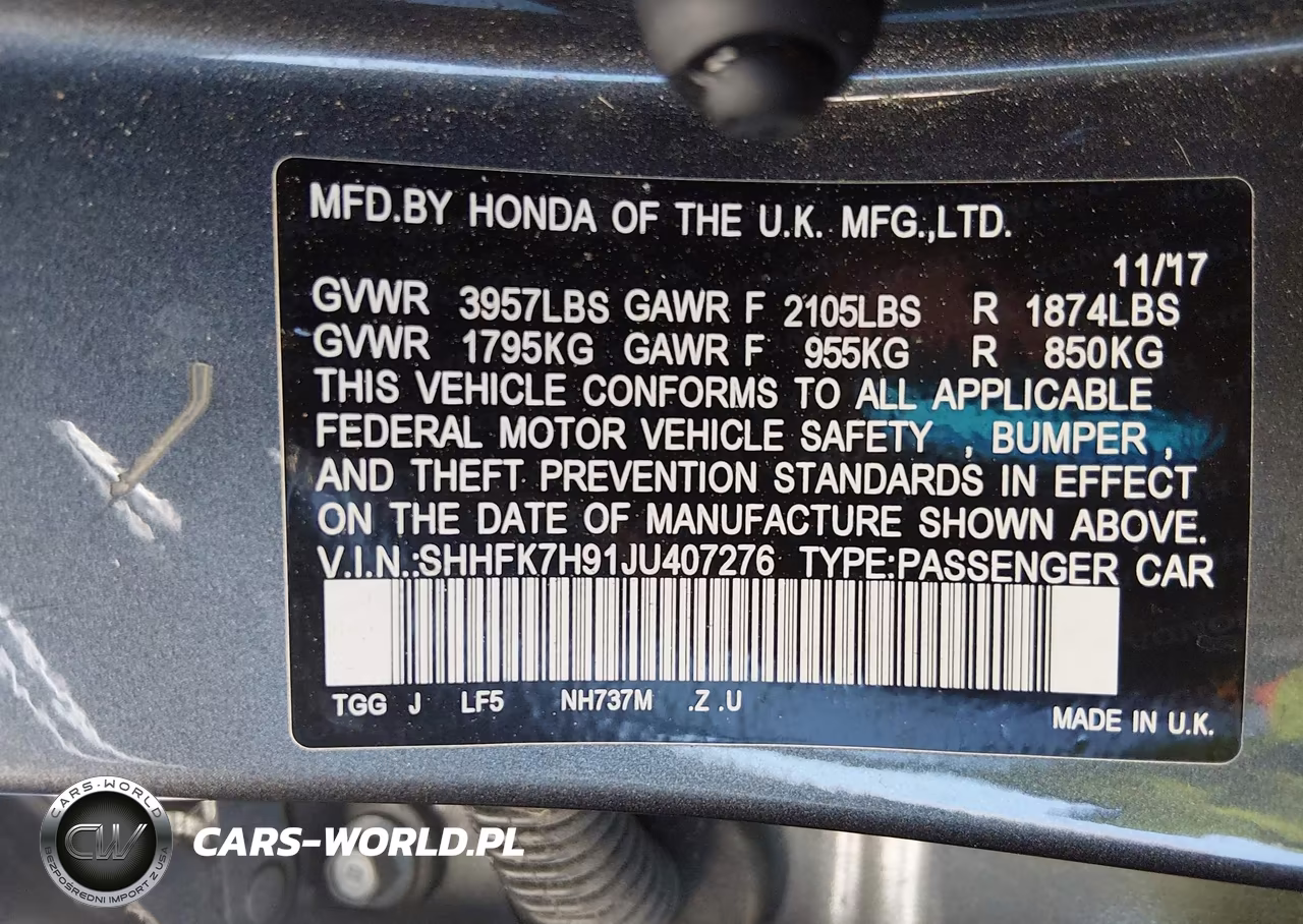 2018 Honda Civic Sport Touring VIN:SHHFK7H91JU407276 - 9