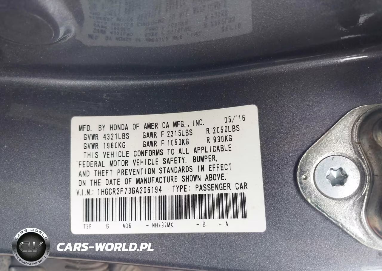 2016 Honda Accord Ex VIN:1HGCR2F73GA206194 - 9