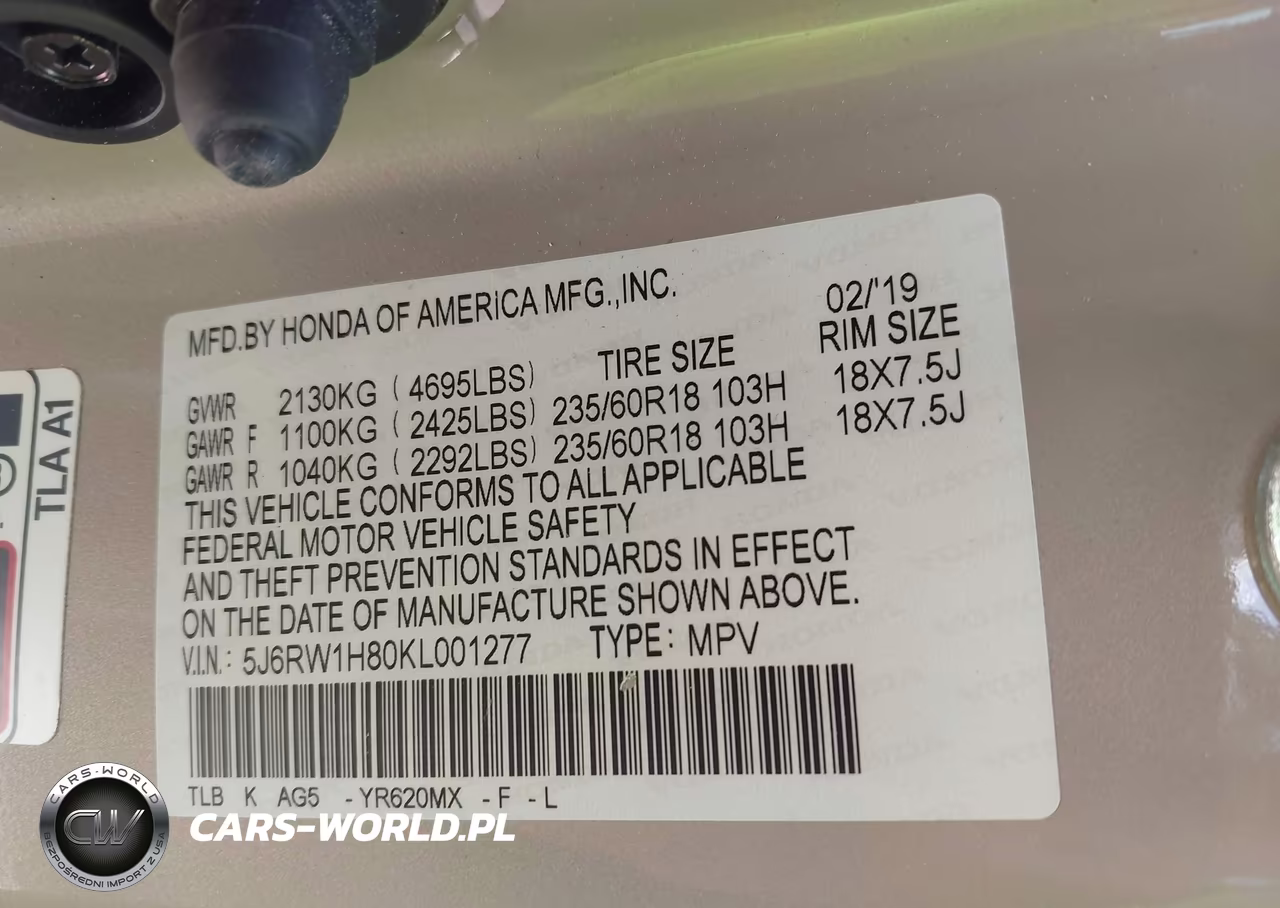 2019 Honda Cr-V Ex-L VIN:5J6RW1H80KL001277 - 9