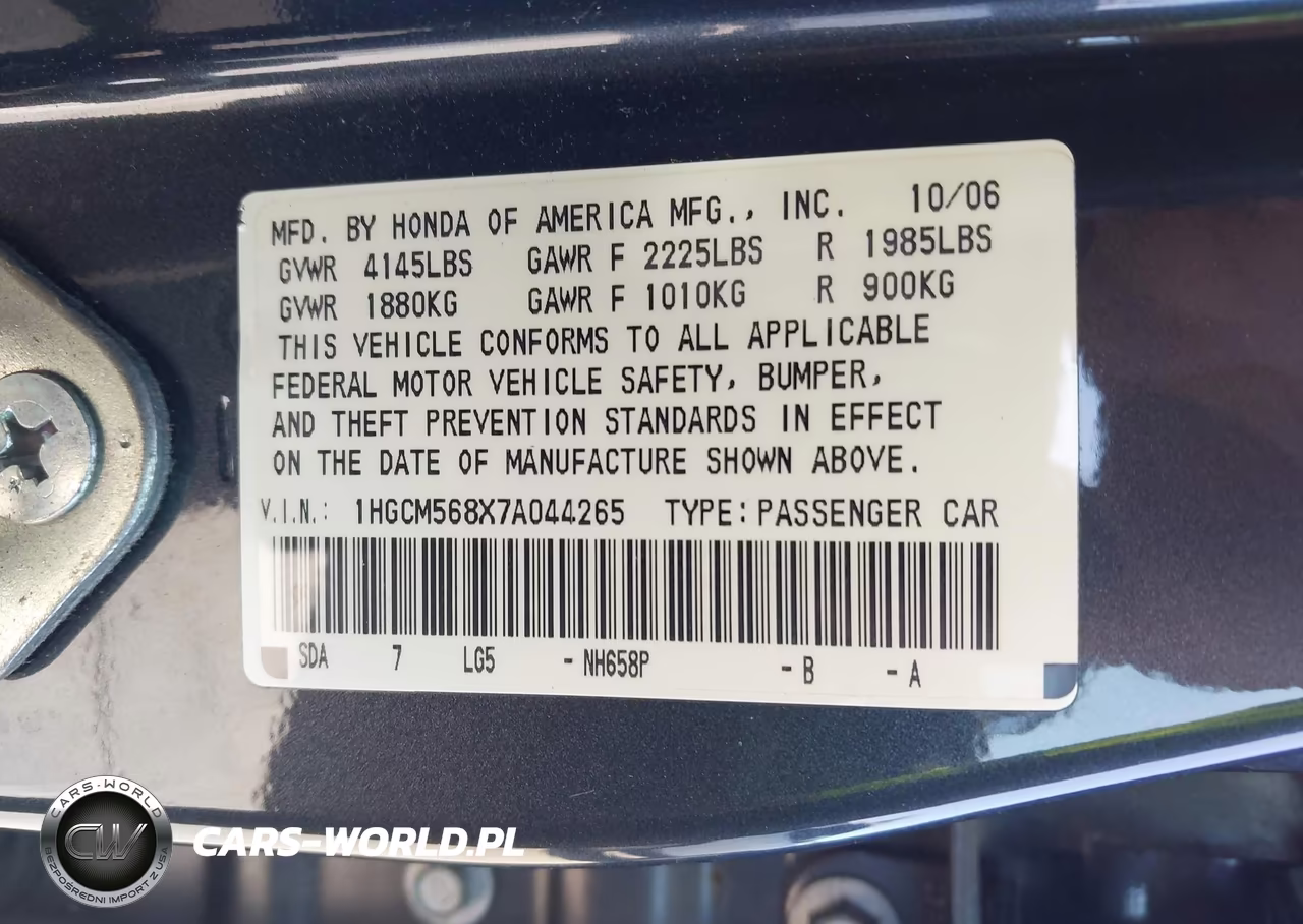 2007 Honda Accord 2.4 Ex VIN:1HGCM568X7A044265 - 9