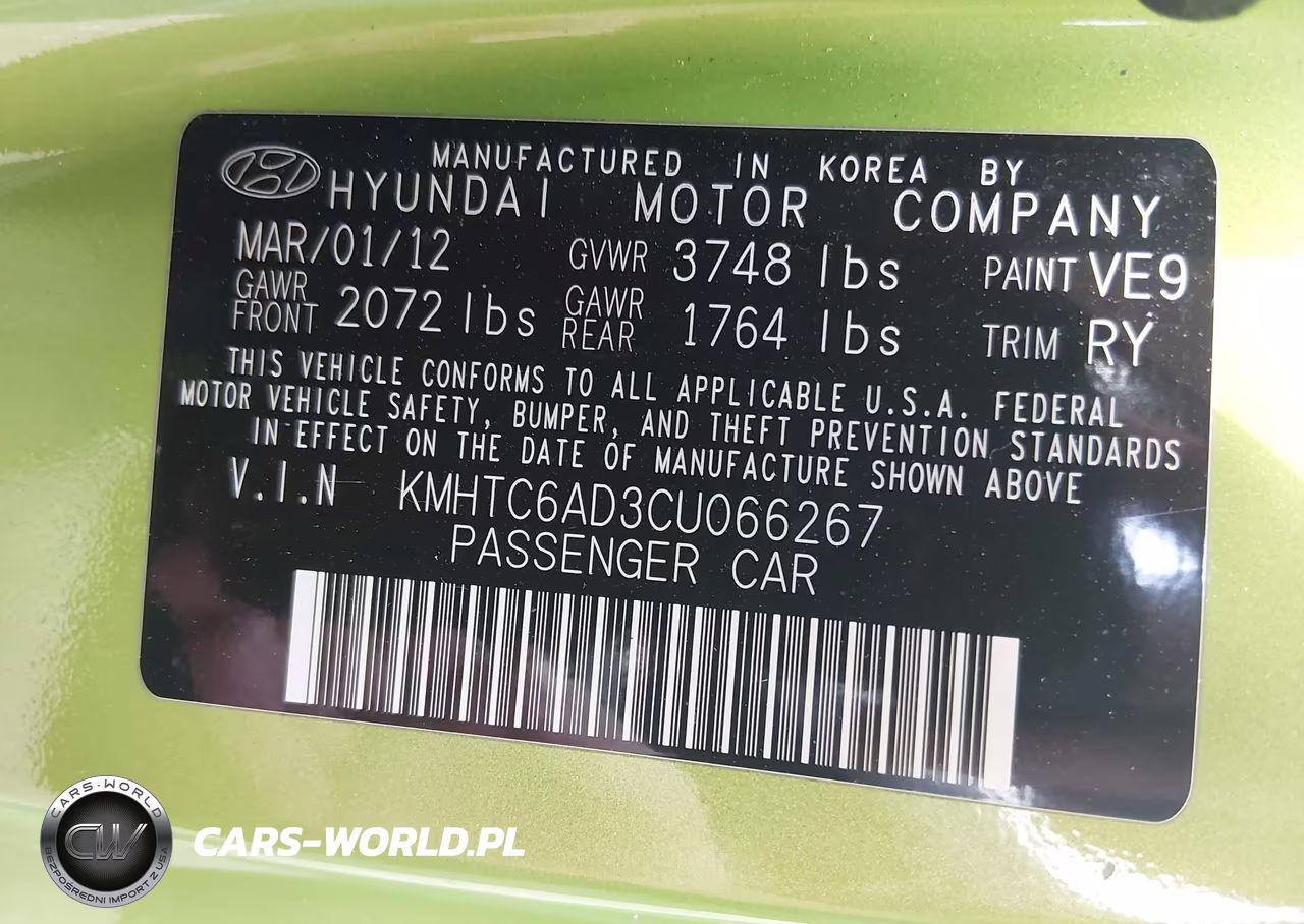 2012 Hyundai Veloster Base W-Black VIN:KMHTC6AD3CU066267 - 9
