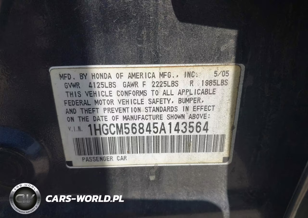 2005 Honda Accord 2.4 Ex VIN:1HGCM56845A143564 - 9
