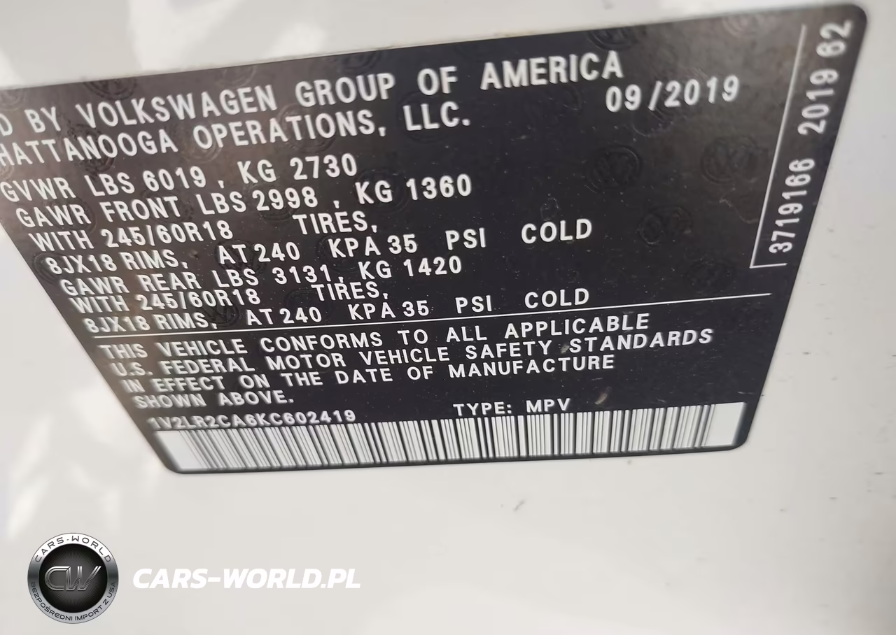2019 Volkswagen Atlas 3.6L V6 Se VIN:1V2LR2CA6KC602419 - 9