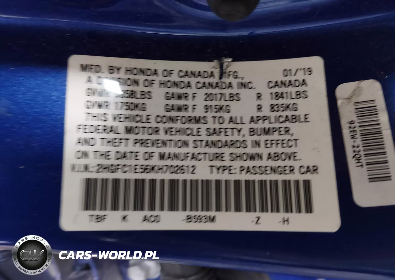 2019 Honda Civic Si VIN:2HGFC1E56KH702612 - 9