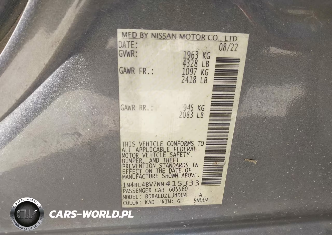 2022 Nissan Altima S Fwd VIN:1N4BL4BV7NN415333 - 9