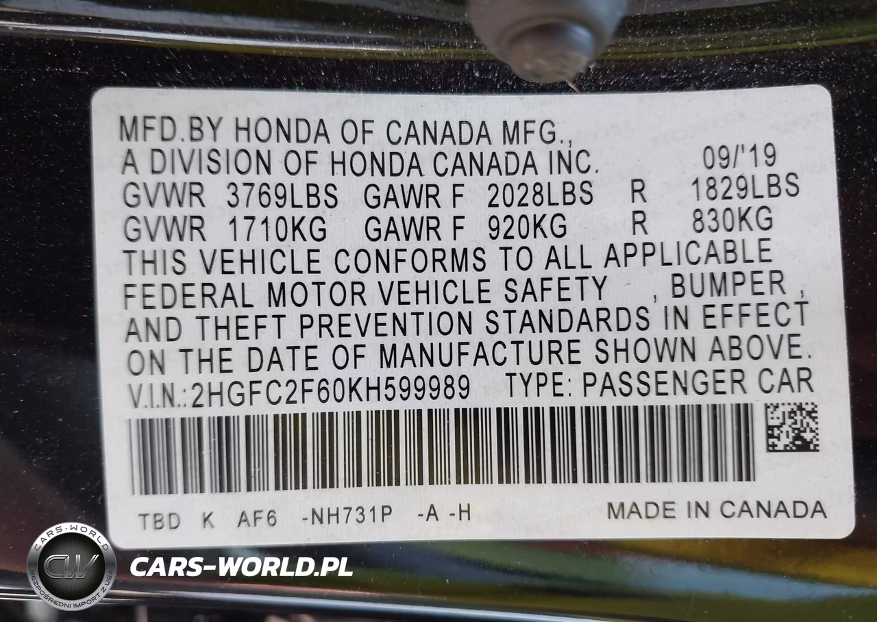 2019 Honda Civic Lx VIN:2HGFC2F60KH599989 - 9