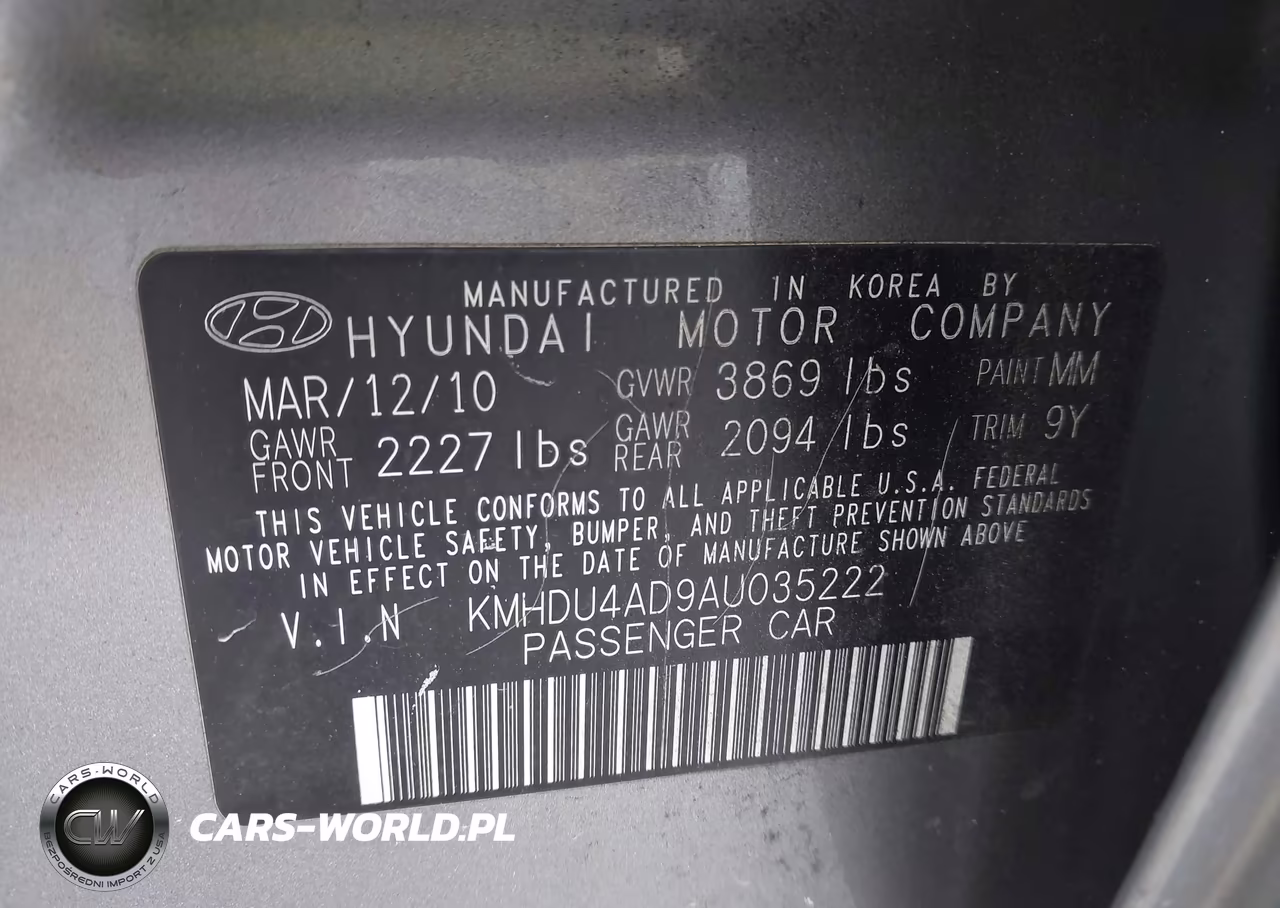2010 Hyundai Elantra Gls VIN:KMHDU4AD9AU035222 - 9