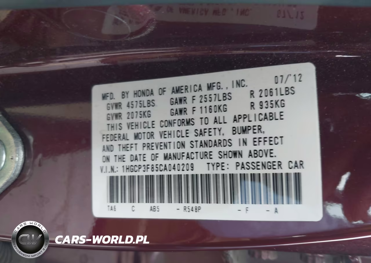 2012 Honda Accord 3.5 Ex-L VIN:1HGCP3F85CA040209 - 9