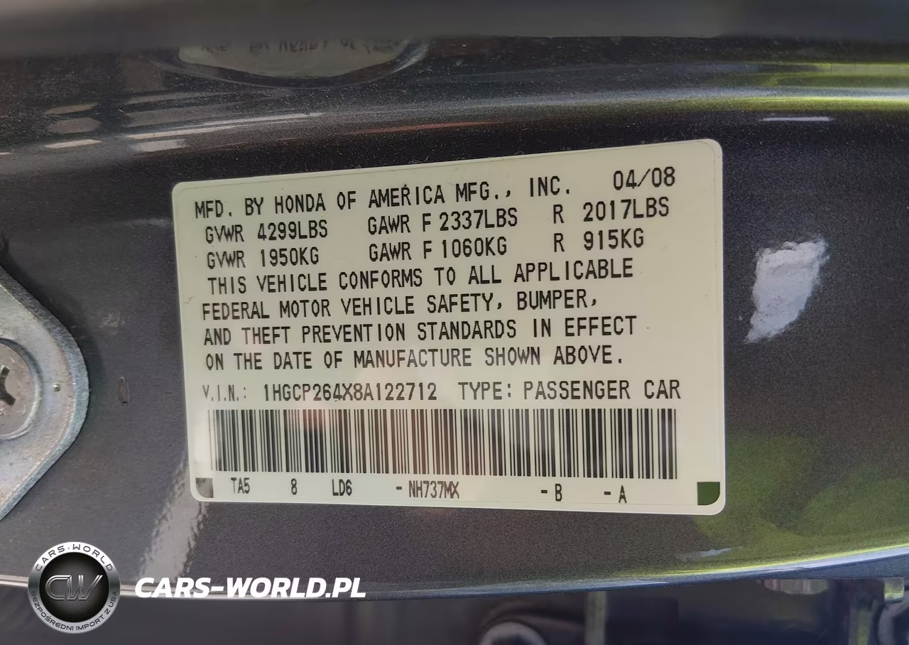 2008 Honda Accord 2.4 Lx-P VIN:1HGCP264X8A122712 - 9