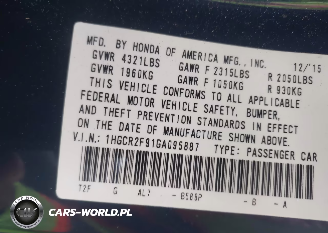 2016 Honda Accord Ex-L VIN:1HGCR2F91GA095887 - 9