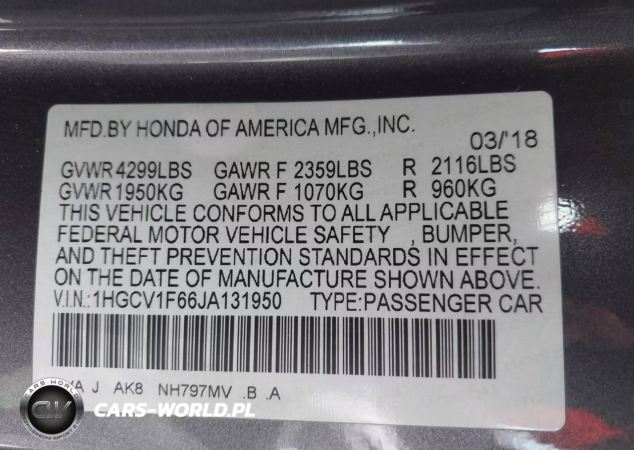 2018 Honda Accord Ex-L VIN:1HGCV1F66JA131950 - 9