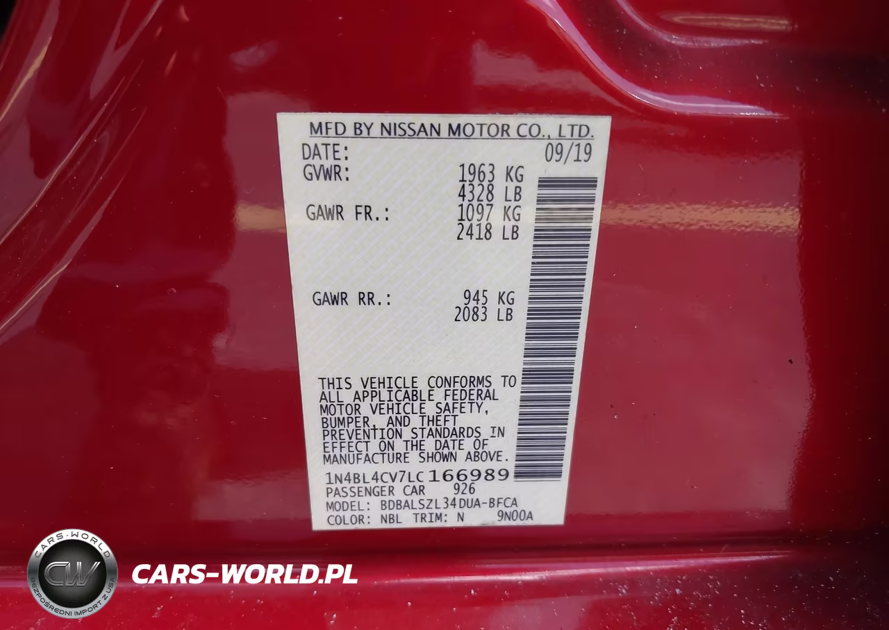 2020 Nissan Altima Sr Fwd VIN:1N4BL4CV7LC166989 - 9