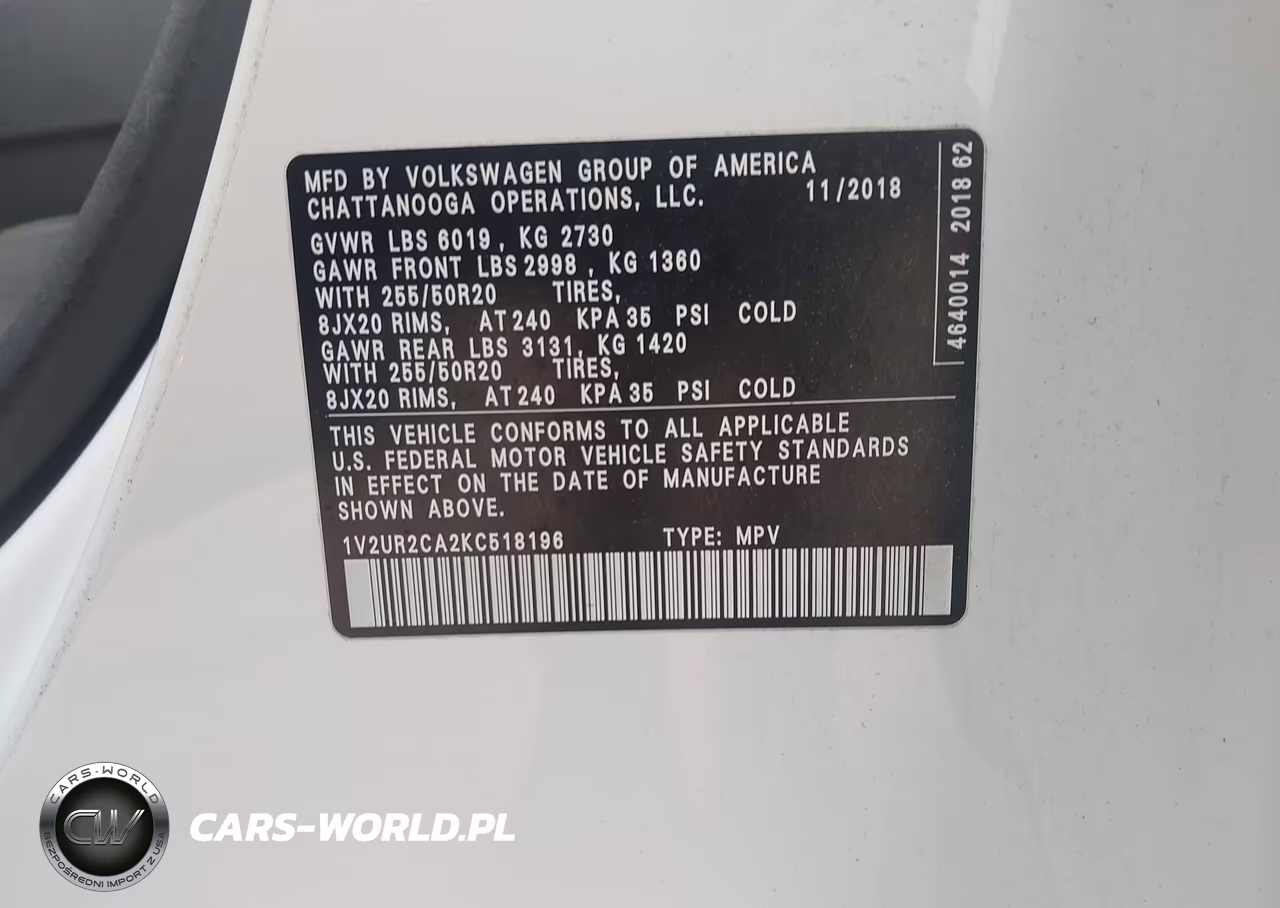 2019 Volkswagen Atlas 3.6L V6 Se W-Technology VIN:1V2UR2CA2KC518196 - 9