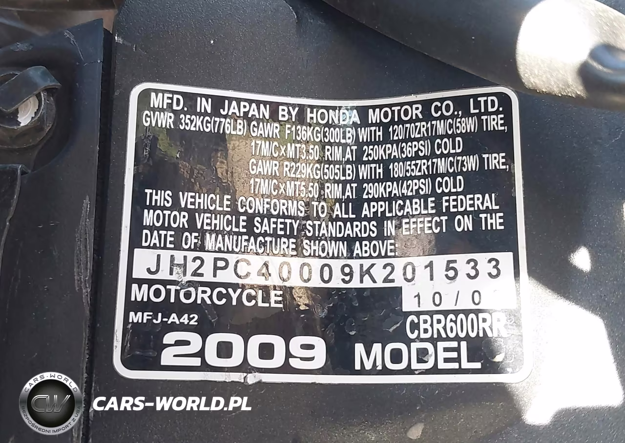 2009 Honda Cbr600 Rr VIN:JH2PC40009K201533 - 10