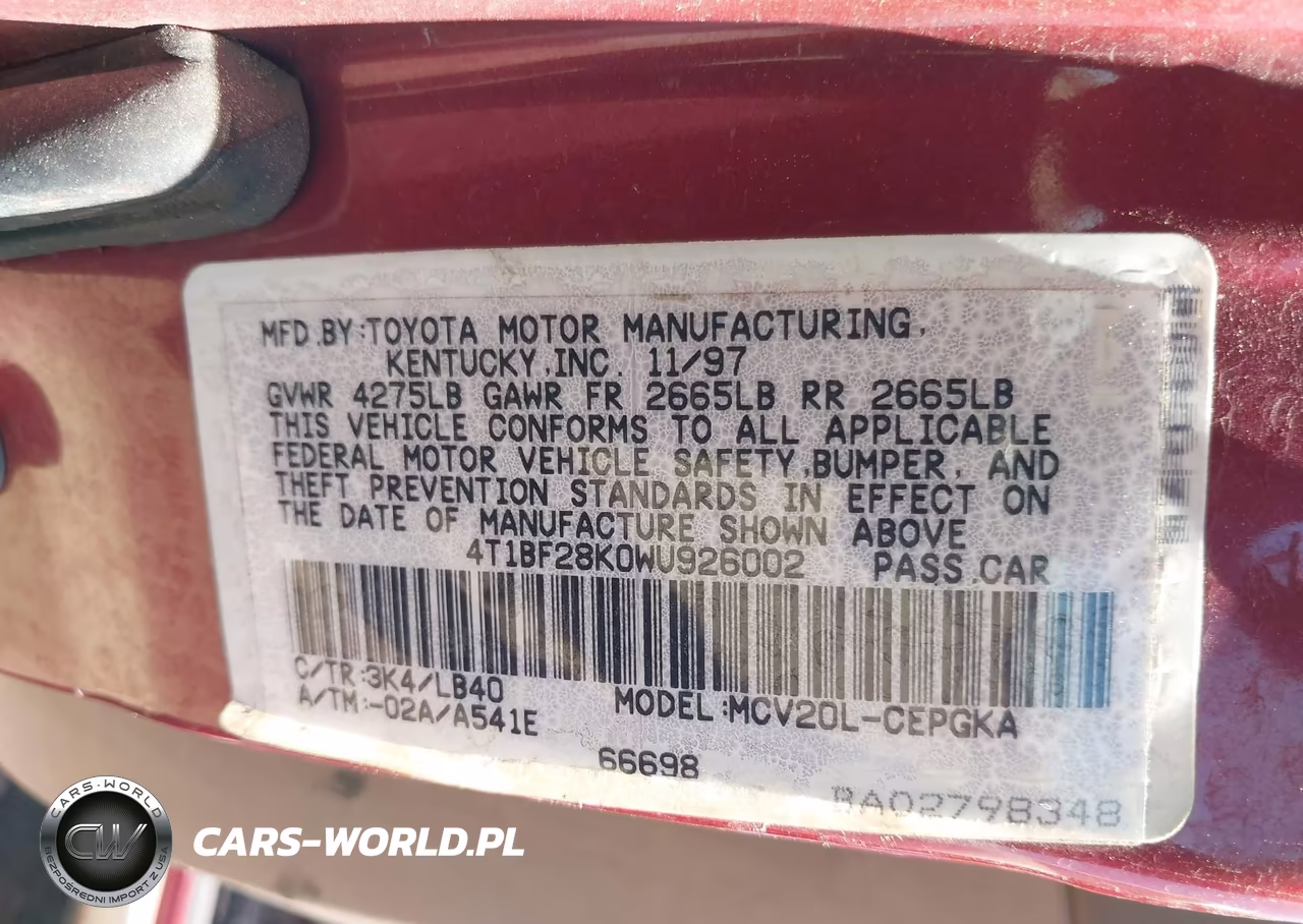 1998 Toyota Camry Xle V6 VIN:4T1BF28K0WU926002 - 9