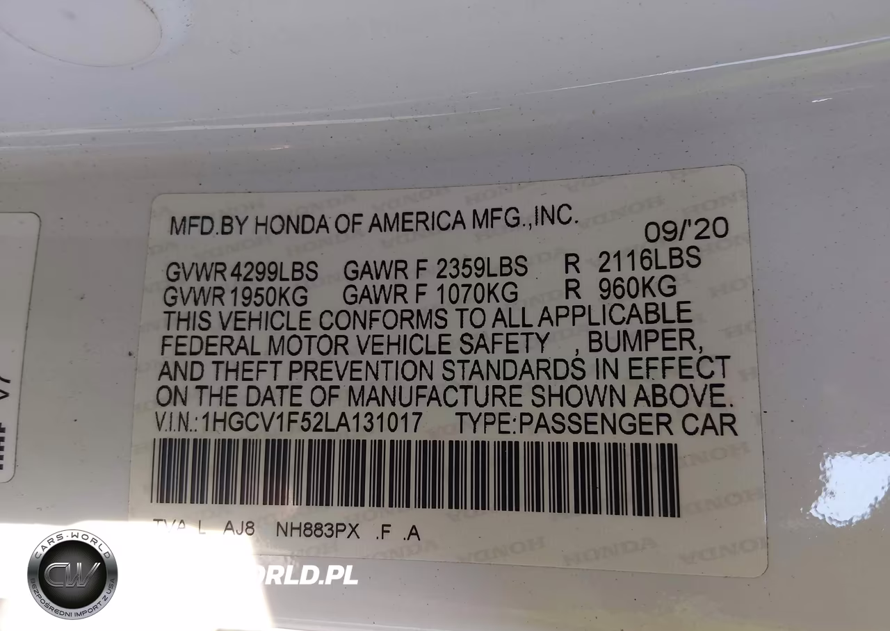 2020 Honda Accord Ex-L VIN:1HGCV1F52LA131017 - 9