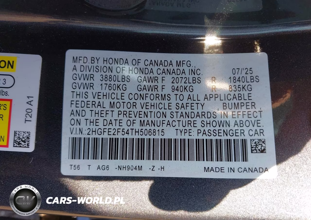 2026 Honda Civic Sport VIN:2HGFE2F54TH506815 - 9