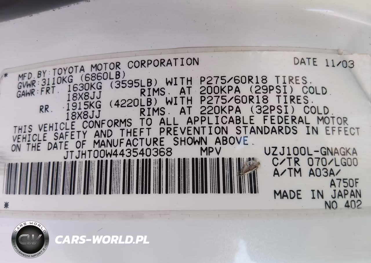 2004 Lexus Lx 470 VIN:JTJHT00W443540368 - 9