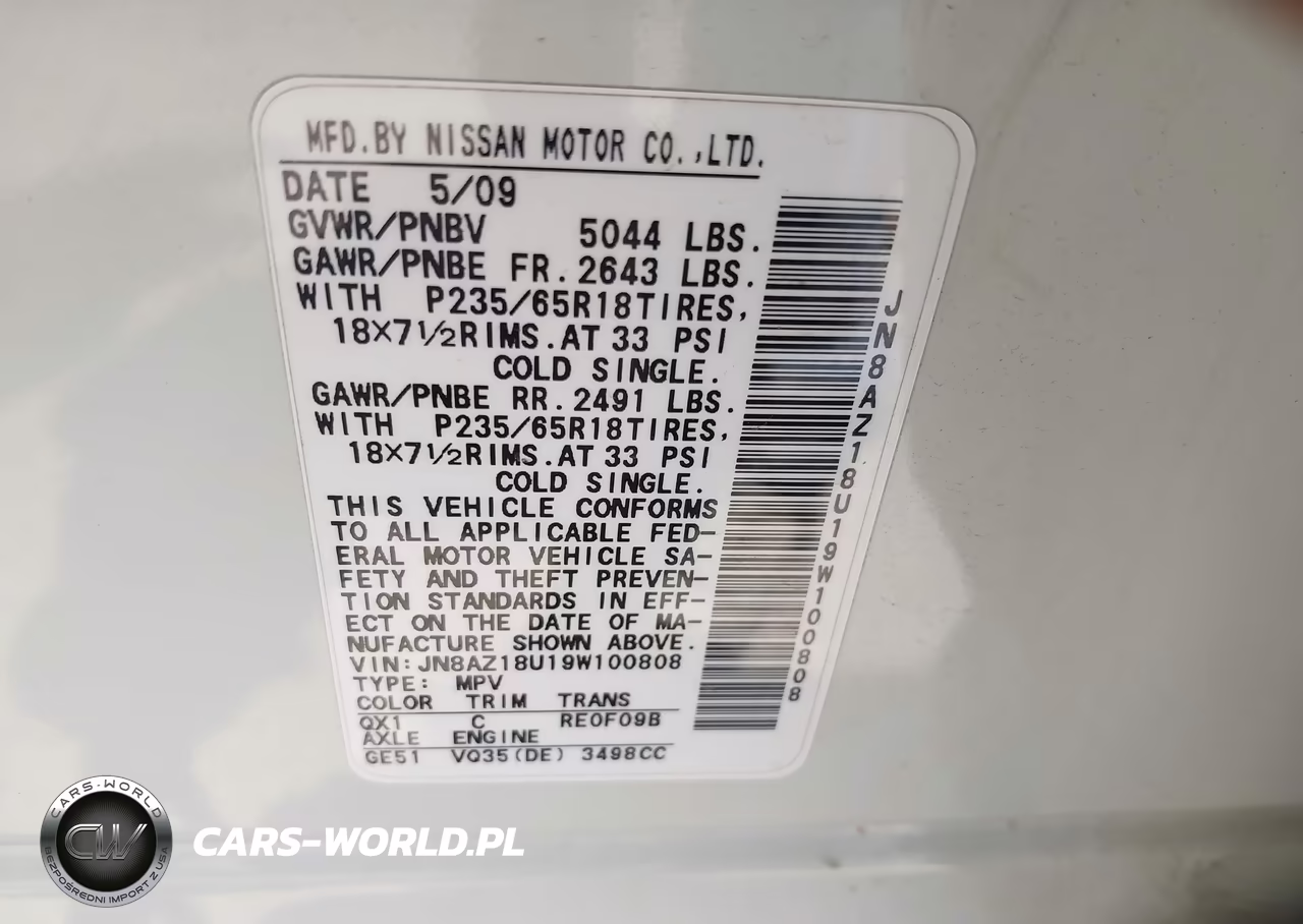2009 Nissan Murano Sl VIN:JN8AZ18U19W100808 - 9