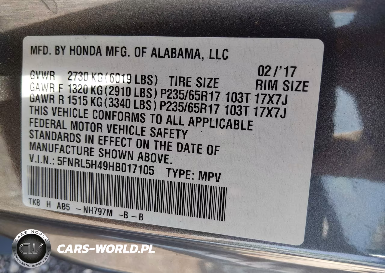 HONDA ODYSSEY EX VIN:5FNRL5H49HB017105 - 9
