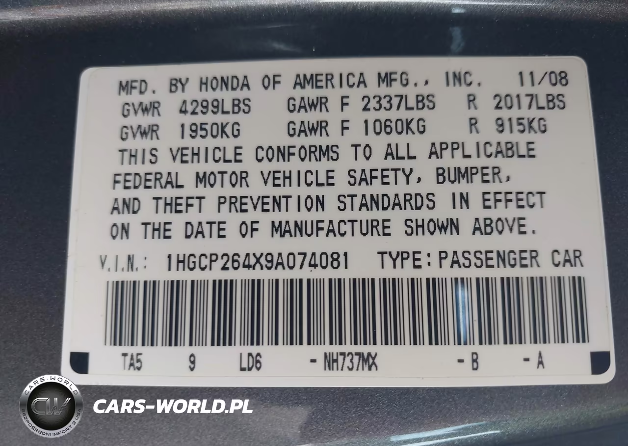 2009 Honda Accord 2.4 Lx-P VIN:1HGCP264X9A074081 - 9