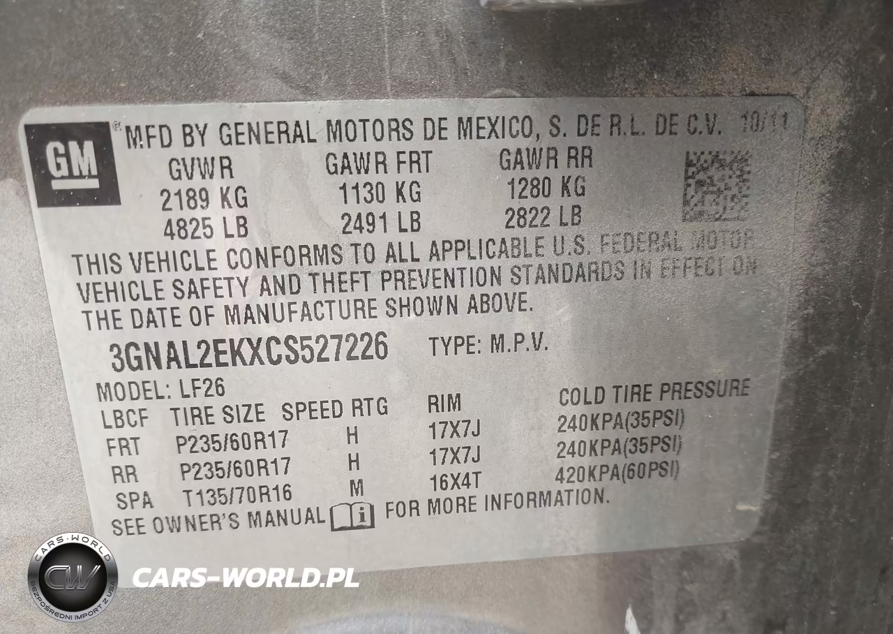 2012 Chevrolet Captiva Sport 2Ls VIN:3GNAL2EKXCS527226 - 9