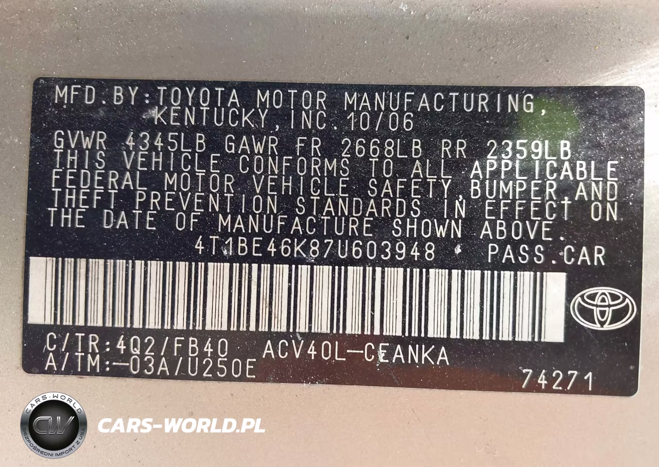 2007 Toyota Camry Le VIN:4T1BE46K87U603948 - 9