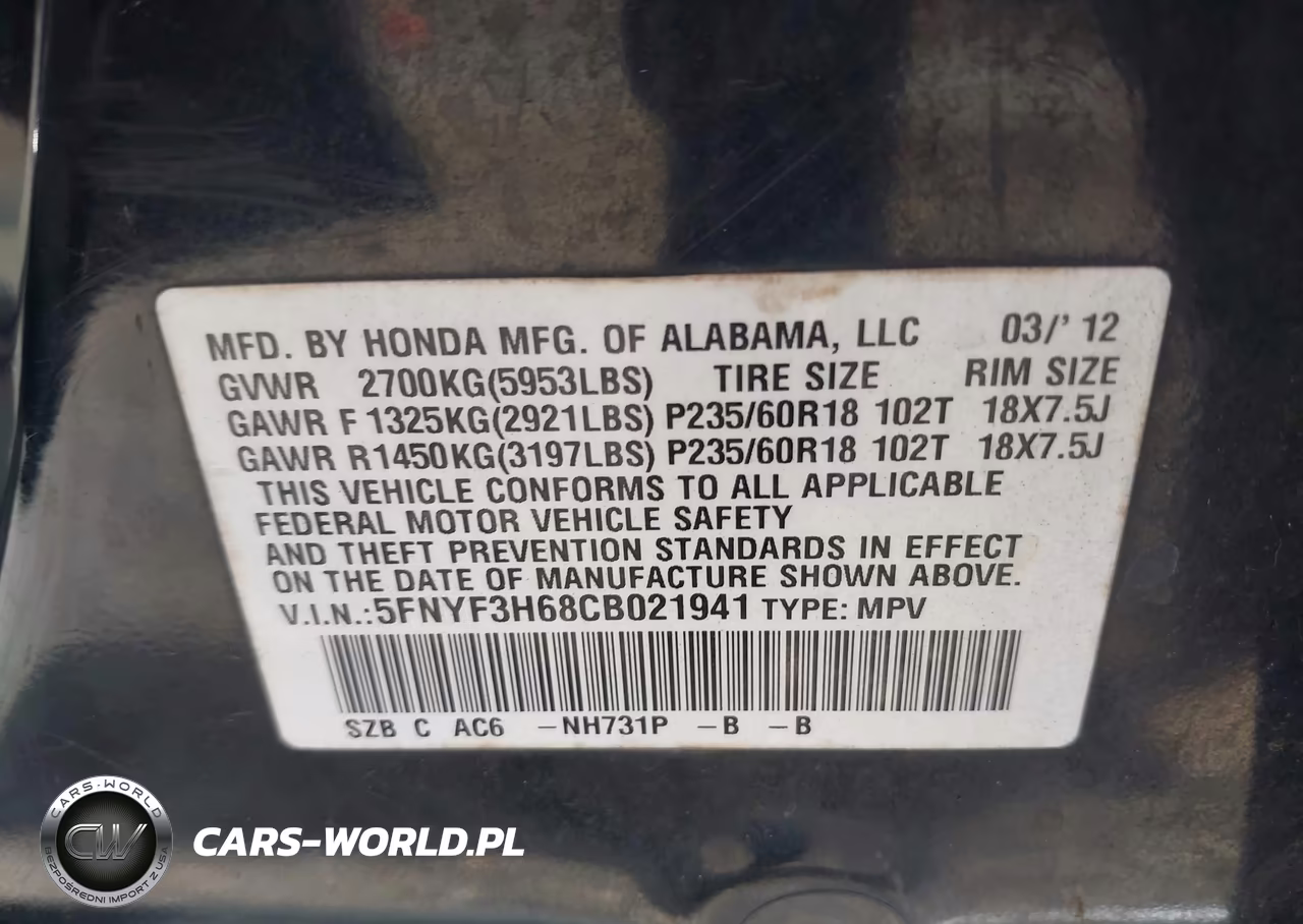 2012 Honda Pilot Ex-L VIN:5FNYF3H68CB021941 - 9
