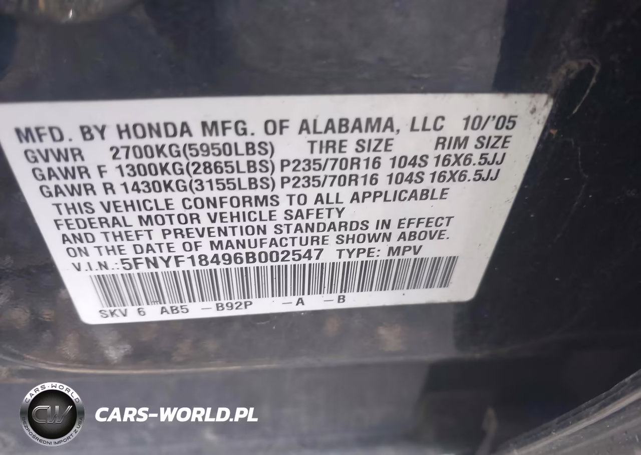 2006 Honda Pilot Ex VIN:5FNYF18496B002547 - 9