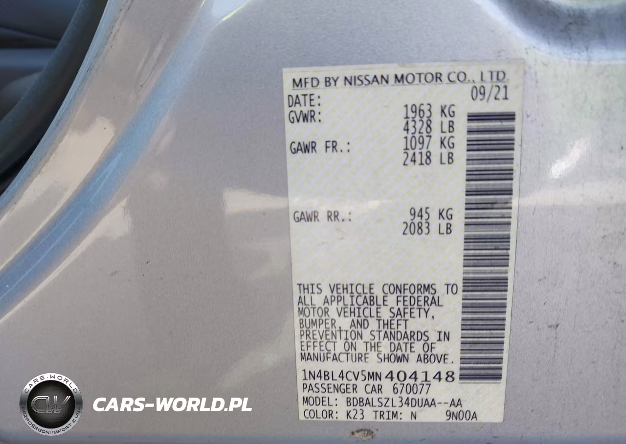 2021 Nissan Altima Sr Fwd VIN:1N4BL4CV5MN404148 - 9