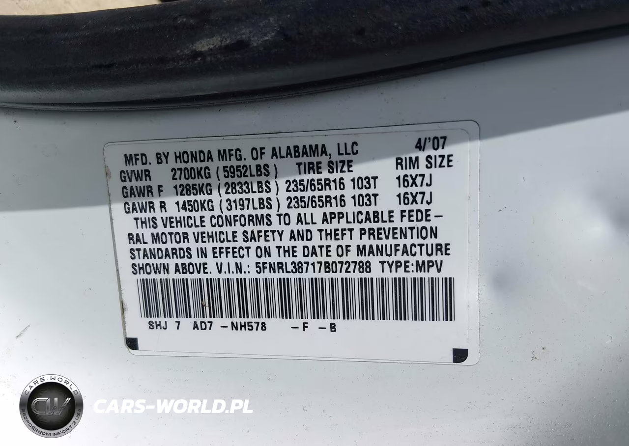 2007 Honda Odyssey Ex-L VIN:5FNRL38717B072788 - 9