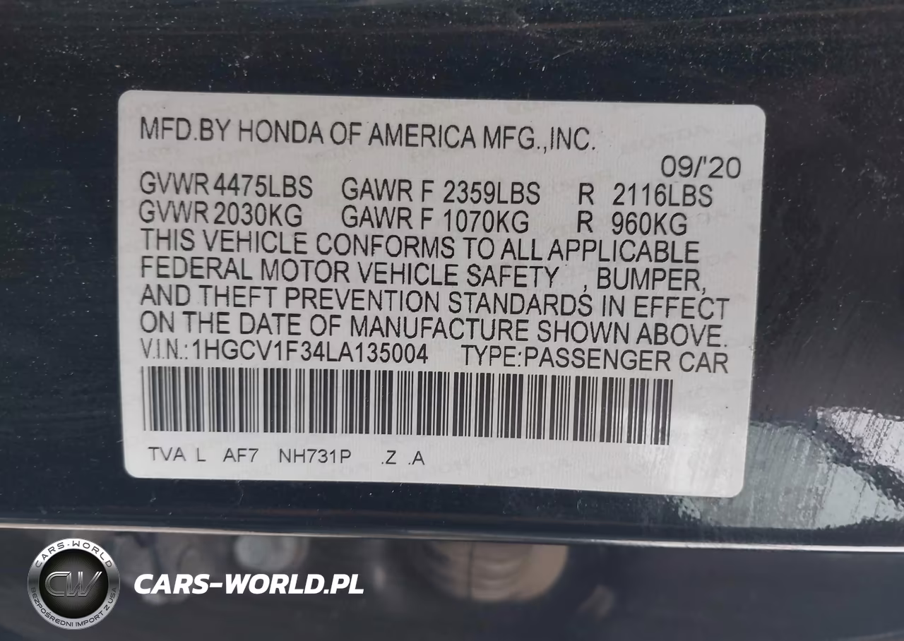 2020 Honda Accord Sport VIN:1HGCV1F34LA135004 - 9