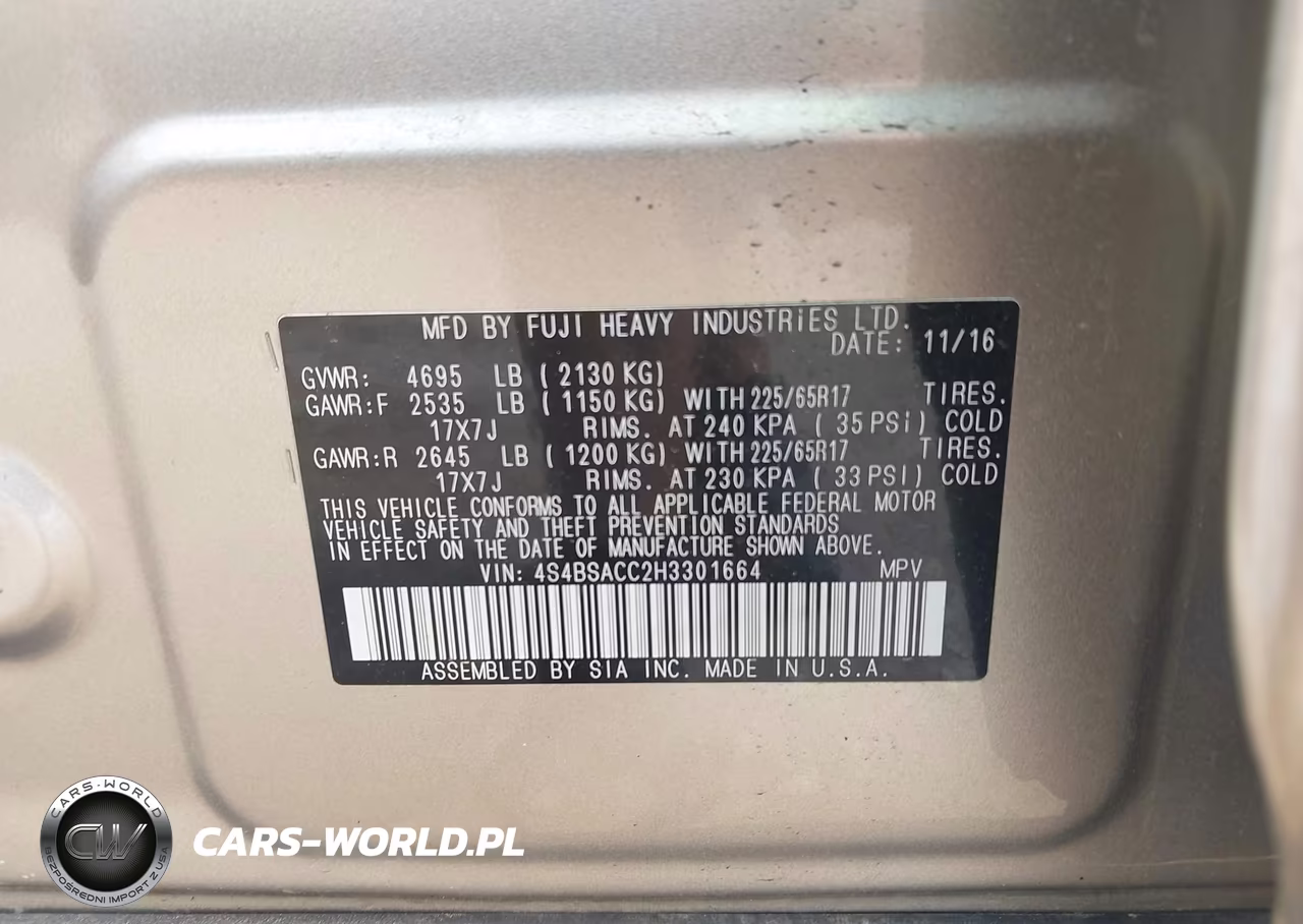 2017 Subaru Outback 2.5I Premium VIN:4S4BSACC2H3301664 - 9
