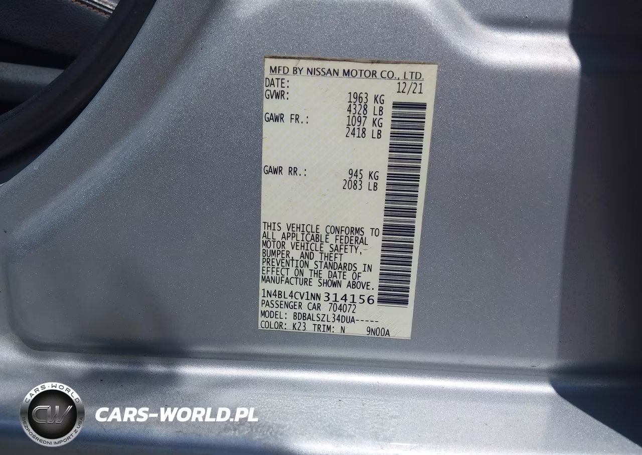 2022 Nissan Altima Sr Fwd VIN:1N4BL4CV1NN314156 - 9