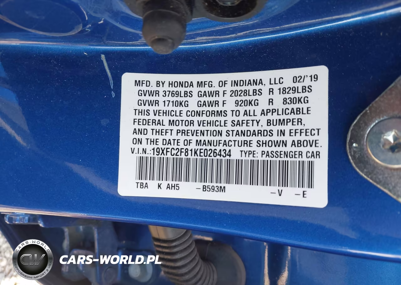 2019 Honda Civic Sport VIN:19XFC2F81KE026434 - 9