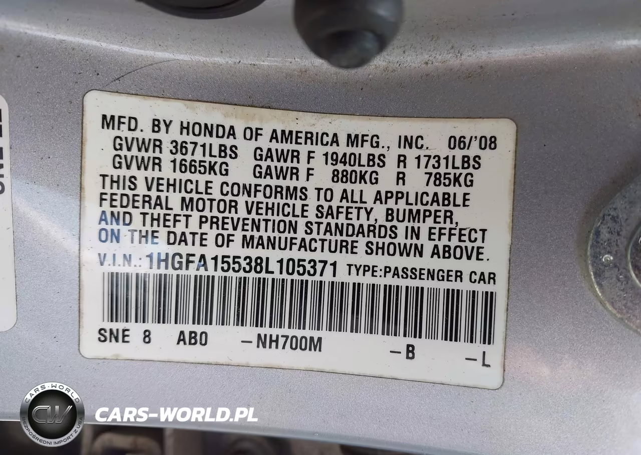 2008 Honda Civic Lx VIN:1HGFA15538L105371 - 9