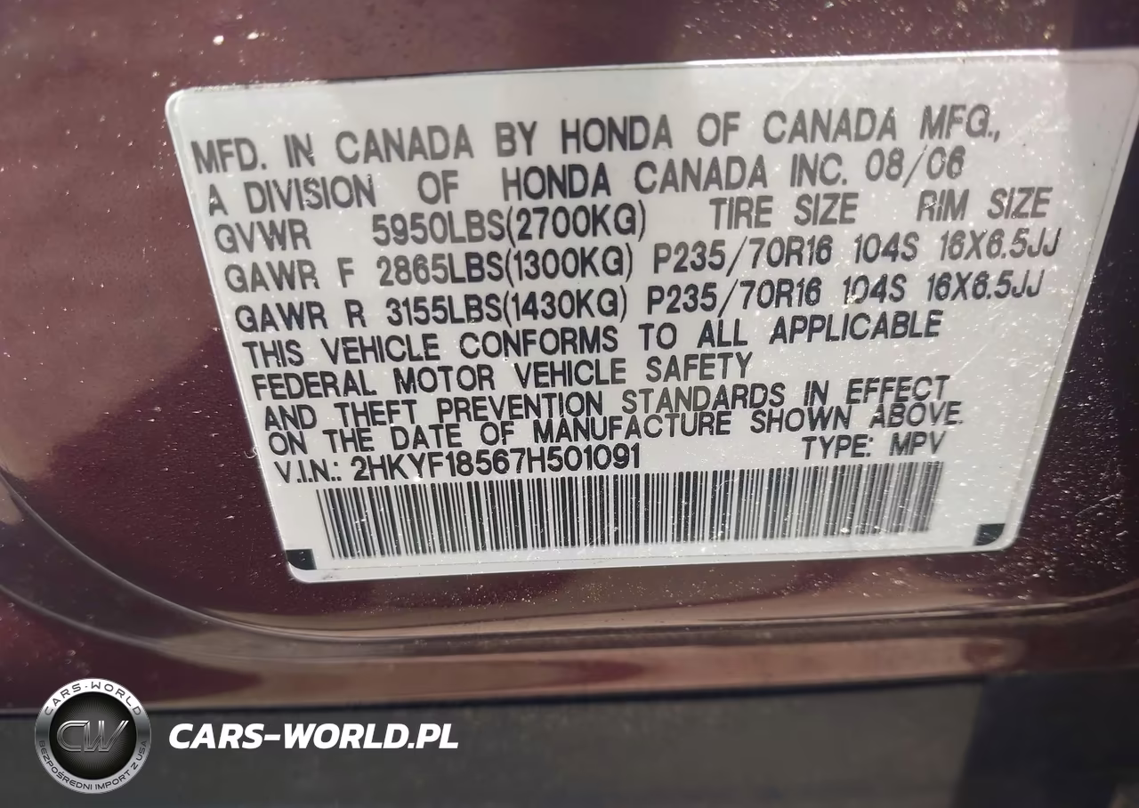 2007 Honda Pilot Ex-L VIN:2HKYF18567H501091 - 9