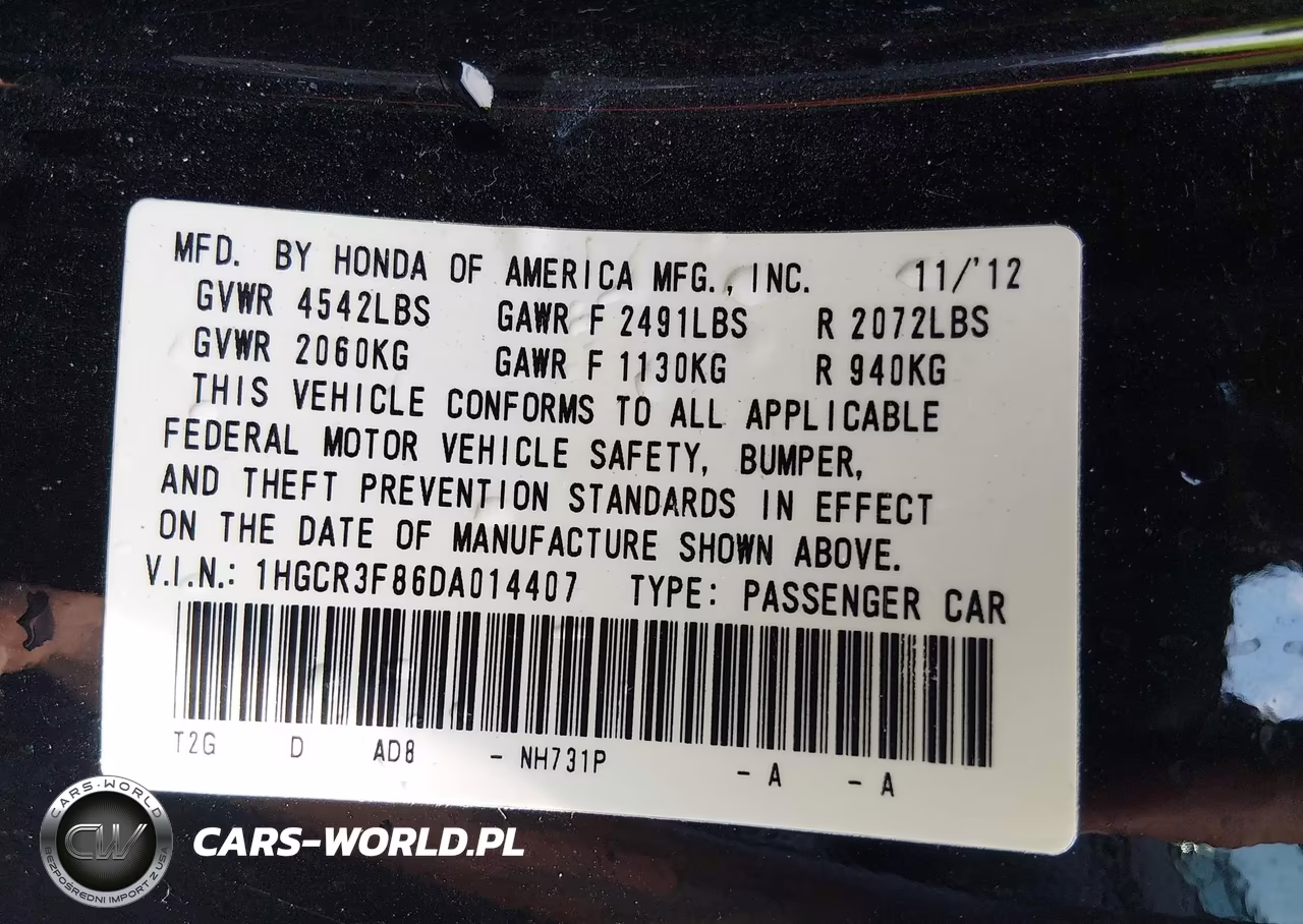 2013 Honda Accord Ex-L V-6 VIN:1HGCR3F86DA014407 - 9