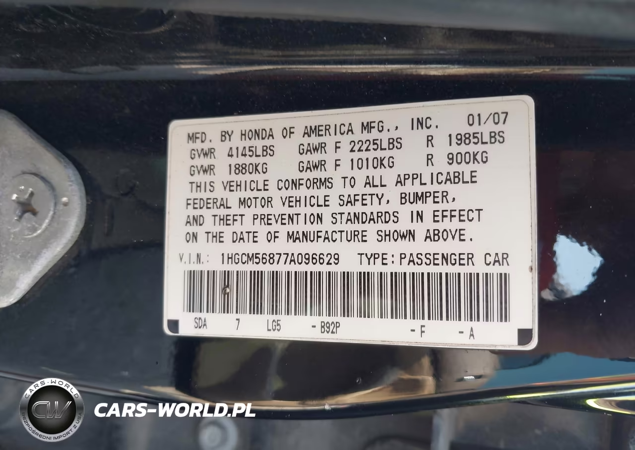 2007 Honda Accord 2.4 Ex VIN:1HGCM56877A096629 - 9