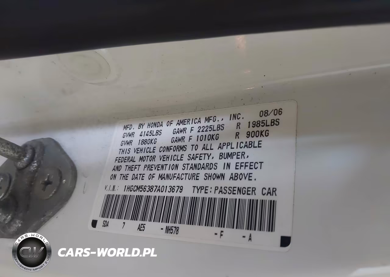 2007 Honda Accord 2.4 Se VIN:1HGCM56387A013679 - 9