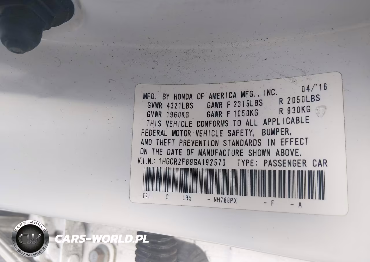 2016 Honda Accord Ex-L VIN:1HGCR2F89GA192570 - 9