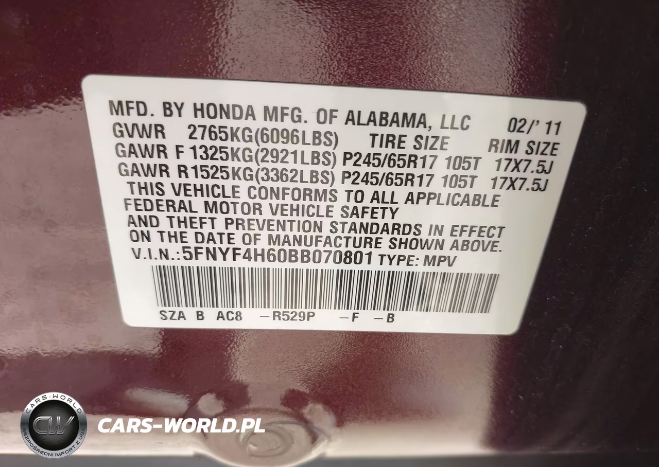 2011 Honda Pilot Ex-L VIN:5FNYF4H60BB070801 - 9
