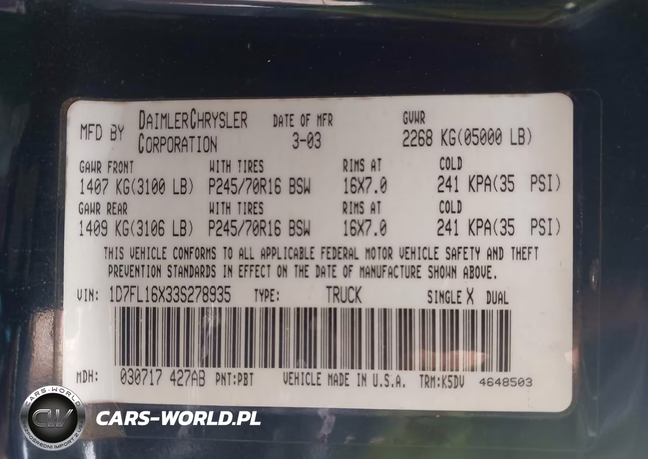 2003 Dodge Dakota VIN:1D7FL16X33S278935 - 9