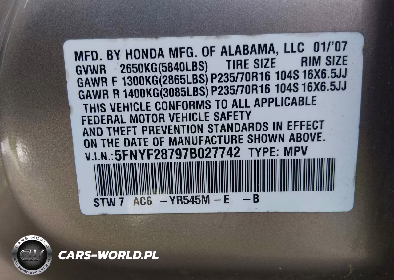 2007 Honda Pilot Ex-L VIN:5FNYF28797B027742 - 9