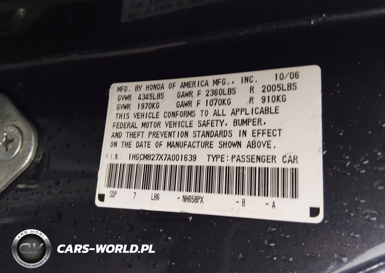 2007 Honda Accord 3.0 Ex VIN:1HGCM827X7A001639 - 9