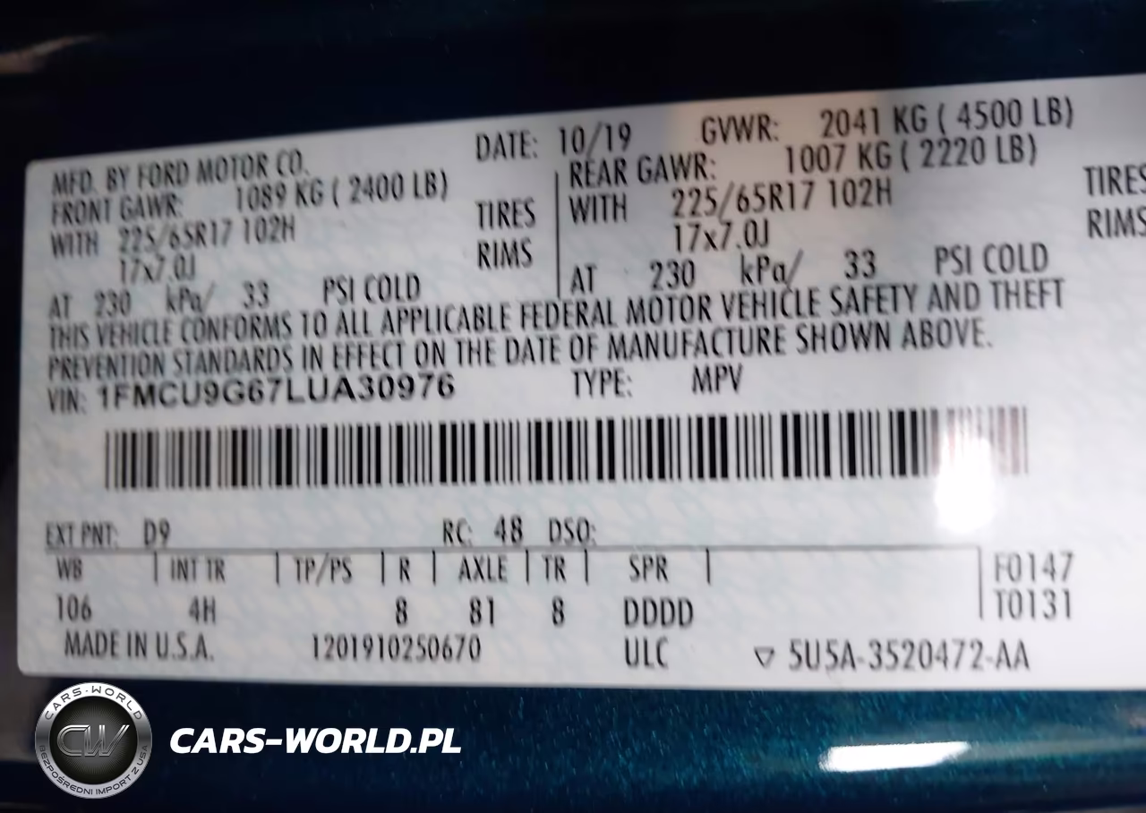 2020 Ford Escape Se VIN:1FMCU9G67LUA30976 - 9