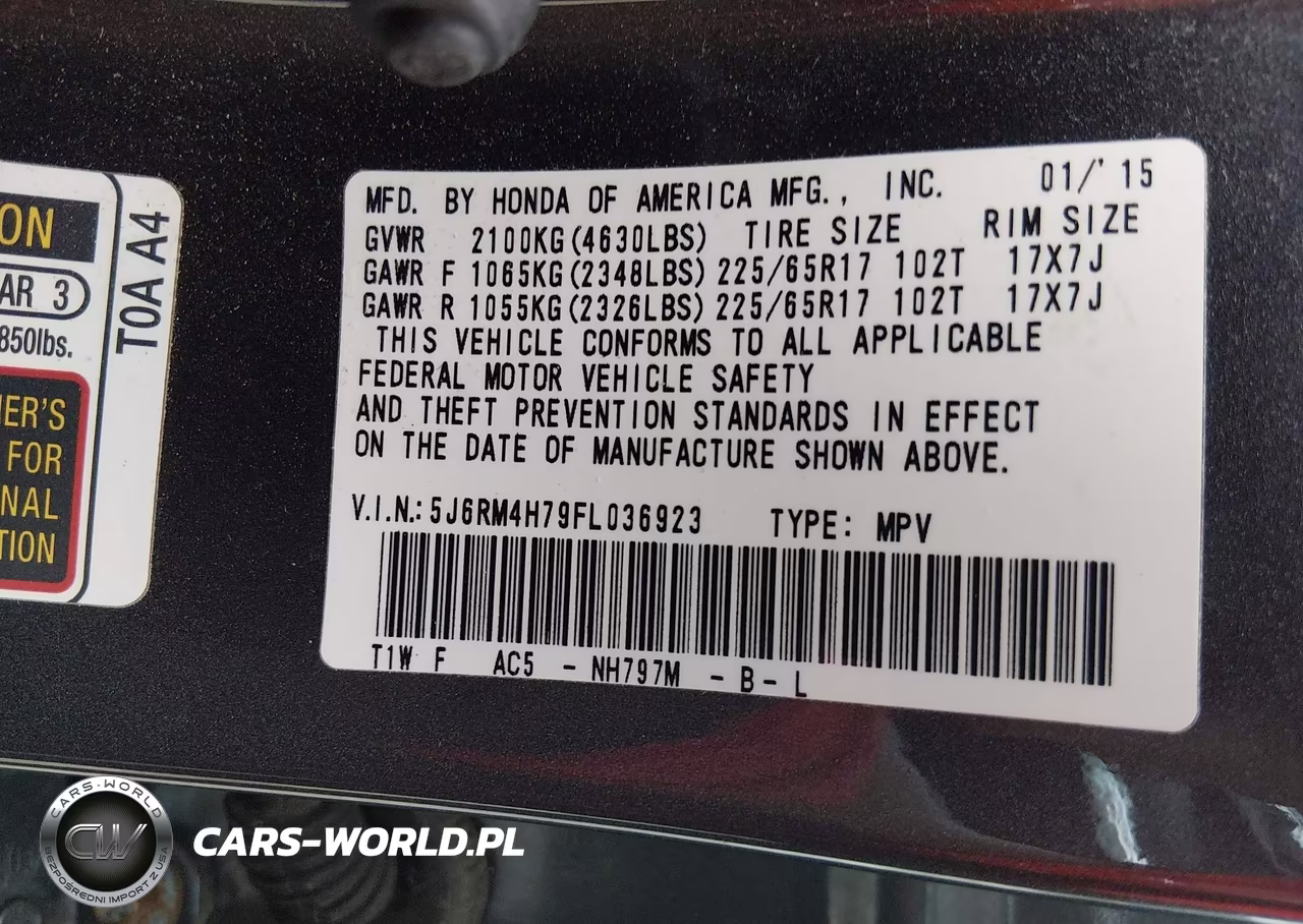 2015 Honda Cr-V Ex-L VIN:5J6RM4H79FL036923 - 9