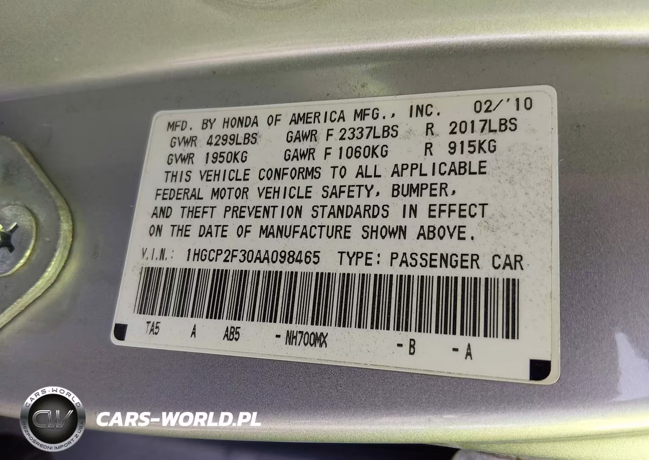 2010 Honda Accord 2.4 Lx VIN:1HGCP2F30AA098465 - 9