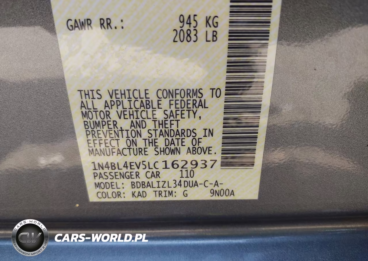 2020 Nissan Altima Sl Fwd VIN:1N4BL4EV5LC162937 - 9